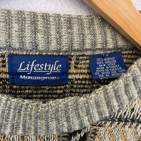 Vintage Lifestyle Munsingwear Knit Sweater Mens Large L Tan Plaid Grandpa Dad - Picture 7 of 15